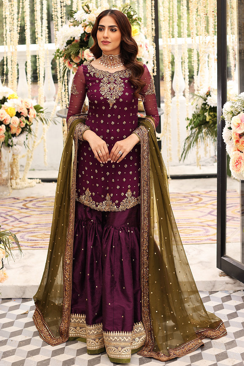 Plum Chiffon Ready to Wear Sequence and Addawork Garara Suit