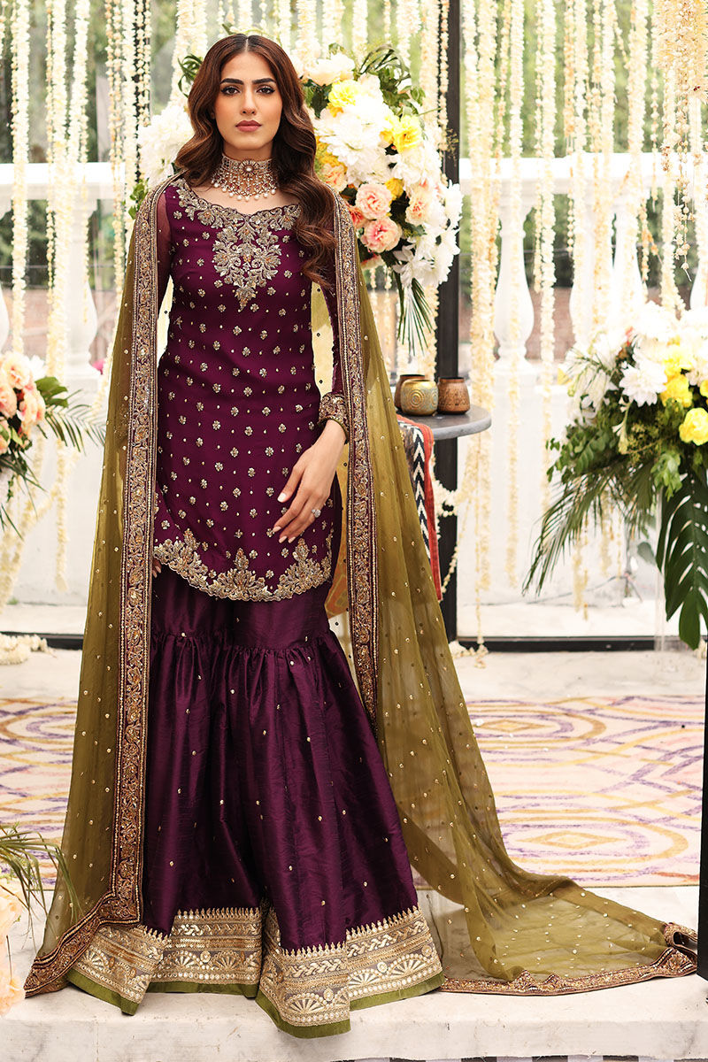 Plum Chiffon Ready to Wear Sequence and Addawork Garara Suit