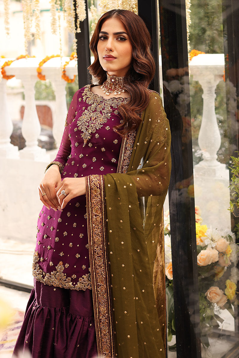 Plum Chiffon Ready to Wear Sequence and Addawork Garara Suit