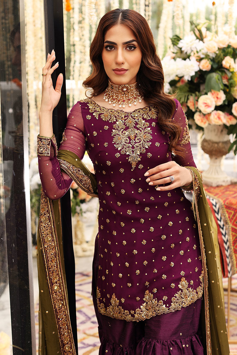 Plum Chiffon Ready to Wear Sequence and Addawork Garara Suit