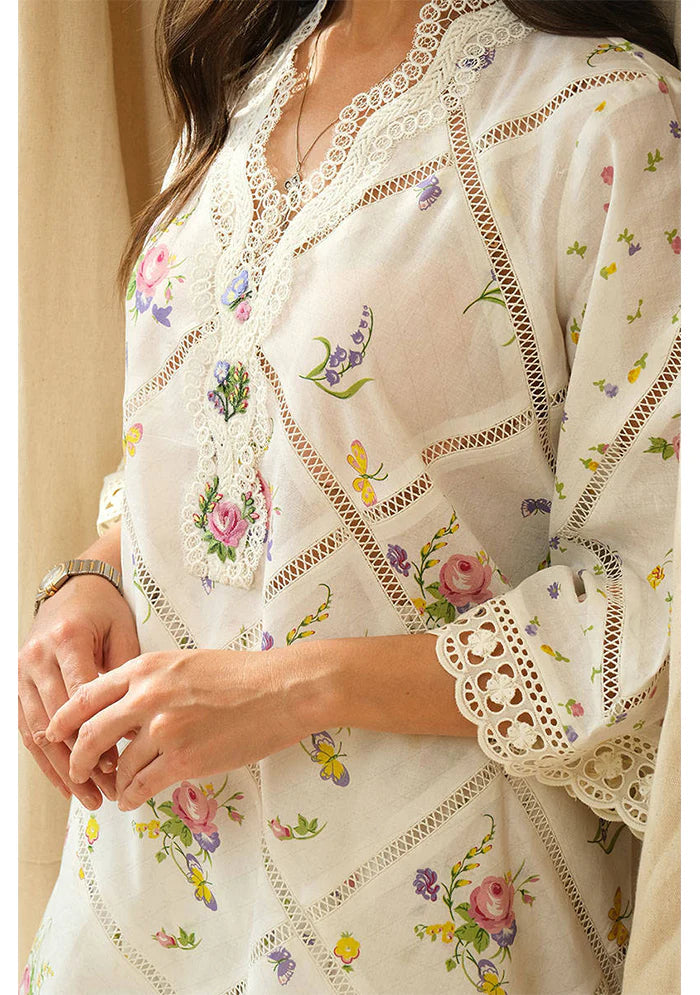 Ivory Floral Pastel - Lawn Suit With Silk Dupatta | Ready To Wear