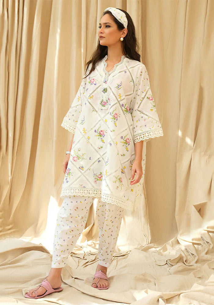 Ivory Floral Pastel - Lawn Suit With Silk Dupatta | Ready To Wear