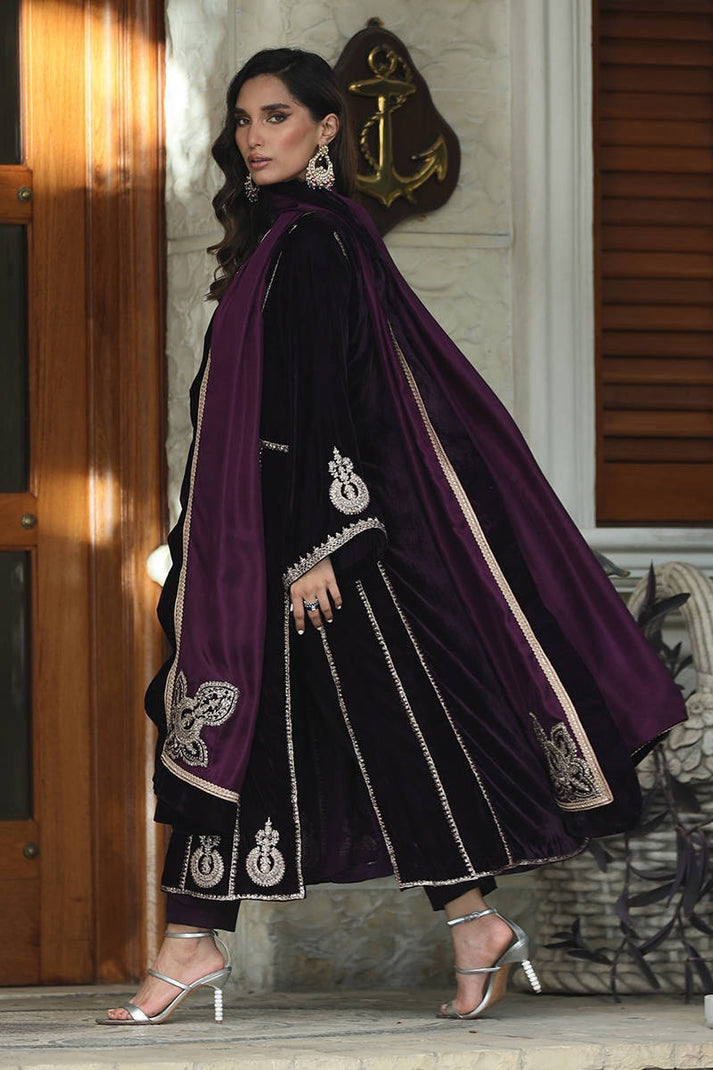 Royal Purple Micro Velvet Embroidered Stitched Suit