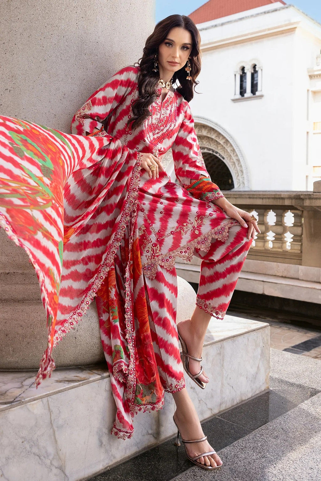 Red and White Tie Dye Printed Lawn Suit with Silk Dupatta | RTW