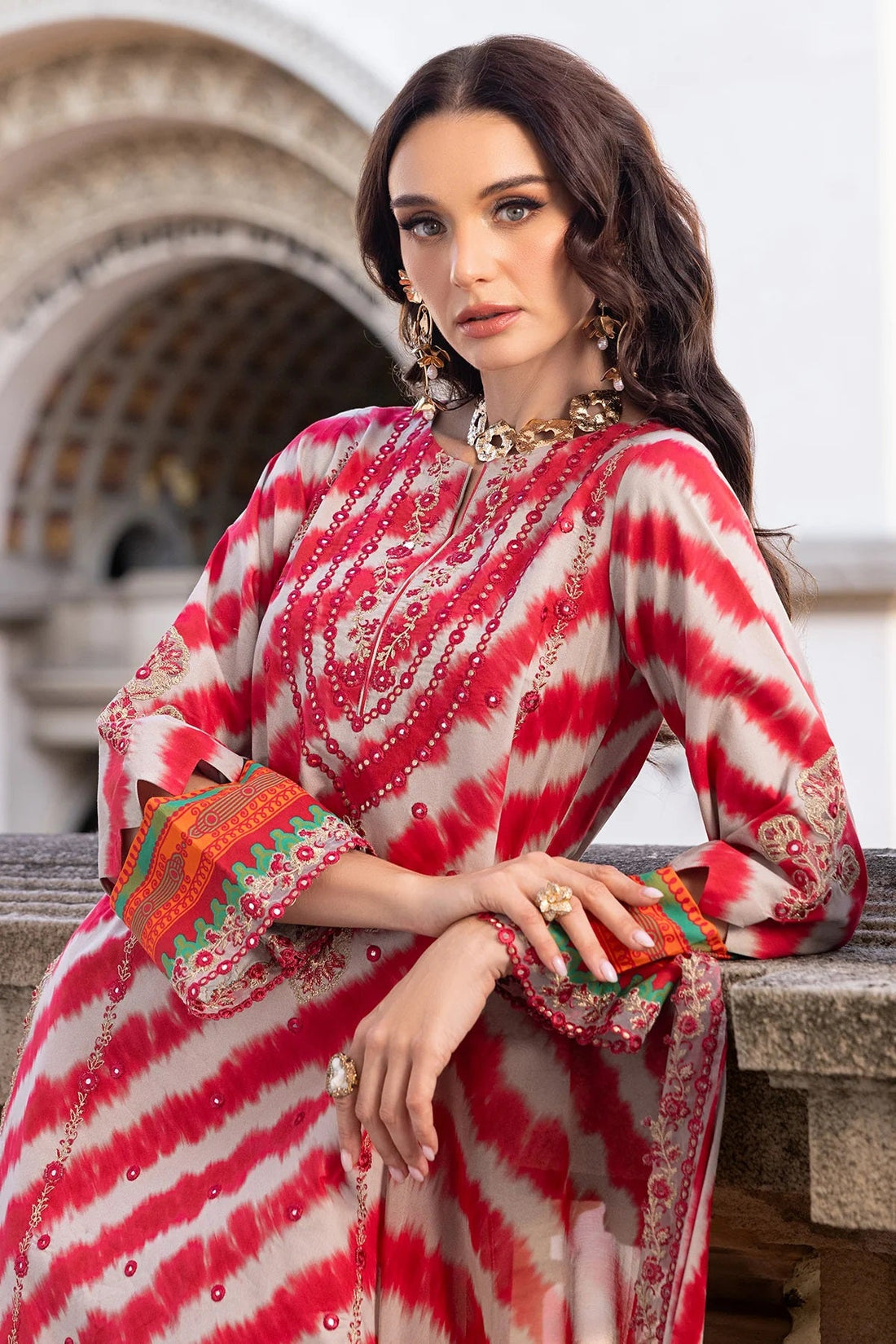 Red and White Tie Dye Printed Lawn Suit with Silk Dupatta | RTW