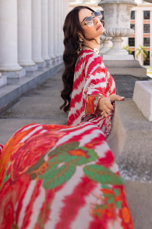 Red and White Tie Dye Printed Lawn Suit with Silk Dupatta | RTW
