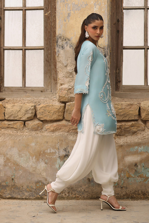 Celeste Azure Raw Silk Addawork Festive Suit | RTW
