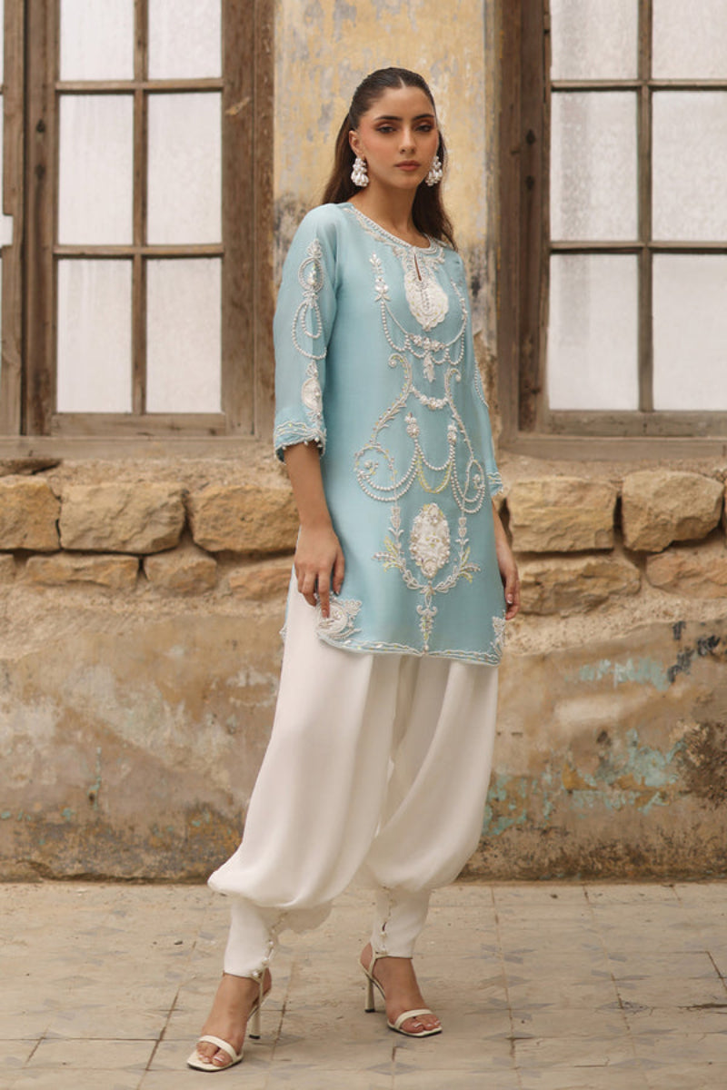 Celeste Azure Raw Silk Addawork Festive Suit | RTW