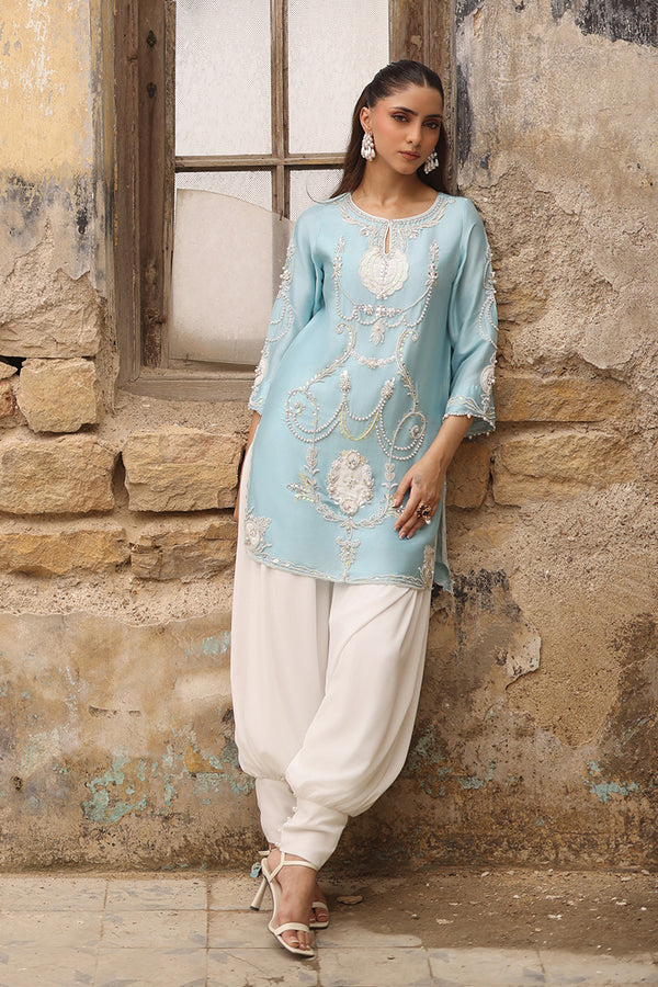 Celeste Azure Raw Silk Addawork Festive Suit | RTW