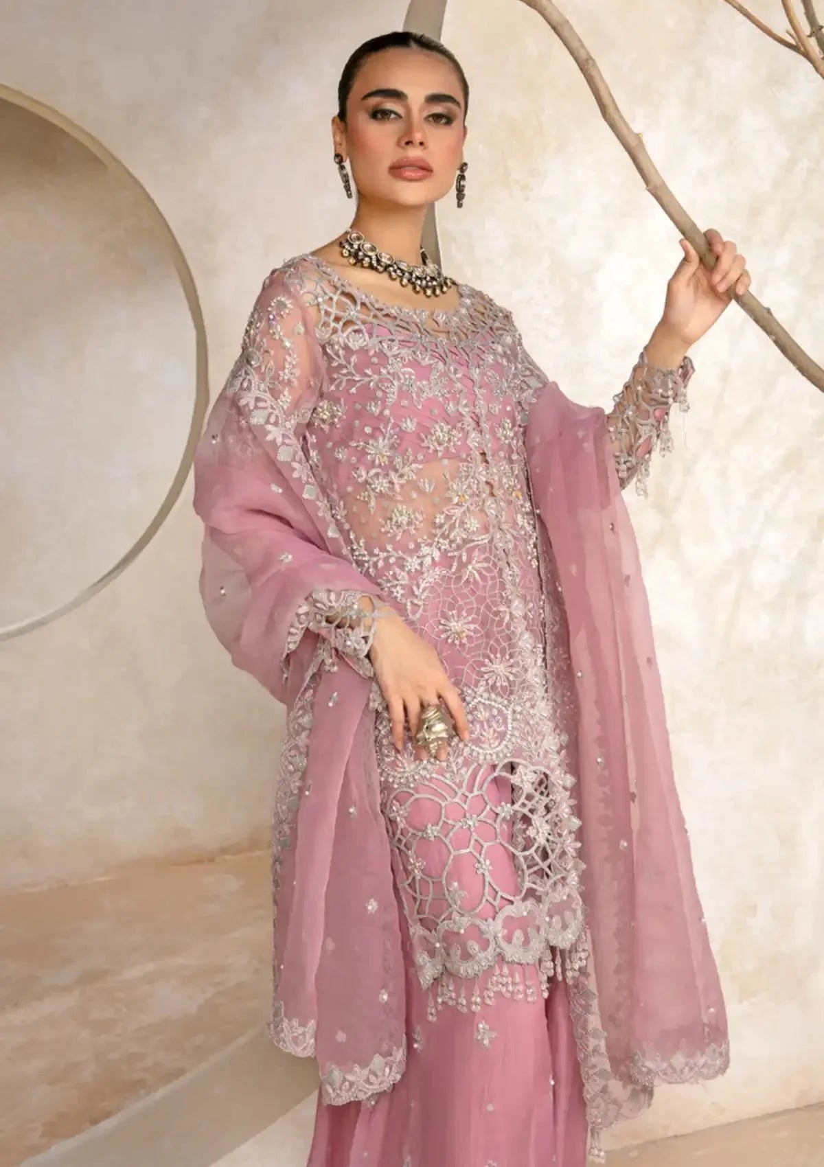 Muted Lilac & Pearl - Embroidered Organza Suit | Ready To Wear