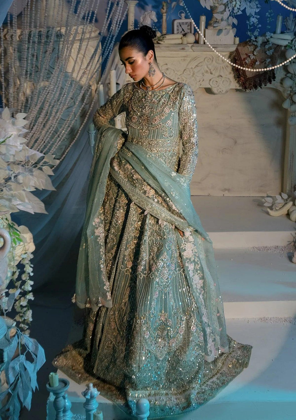 Mint Green Embroidered Net Maxi Suit | Ready to Wear