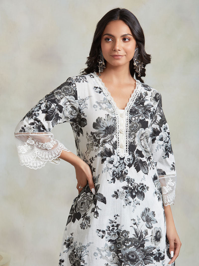 Gracia Collection Black and White Floral Lawn Suit | Ready To Wear