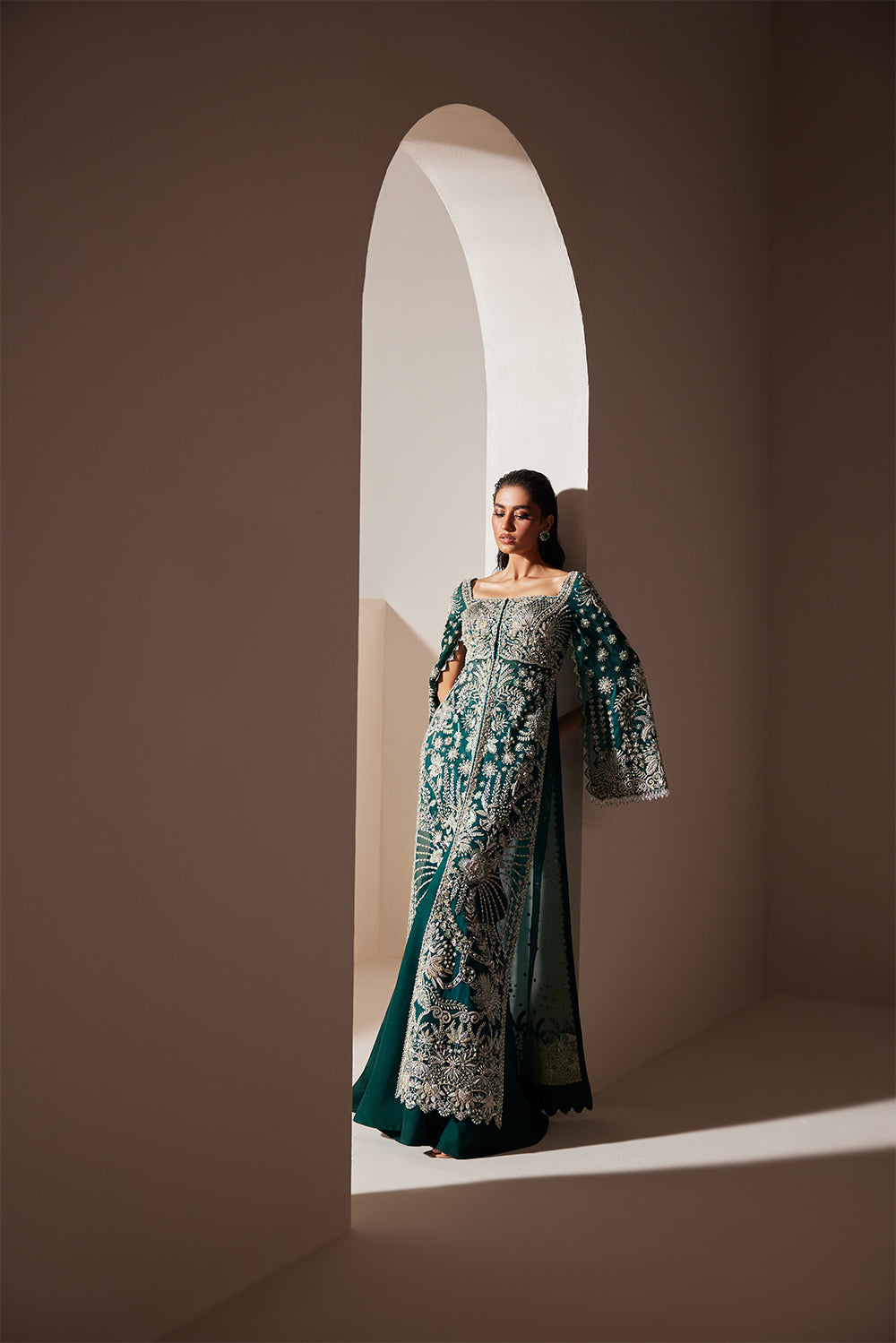 Emerald Hand-Embellished Organza Gown | Luxury Formal Ensemble
