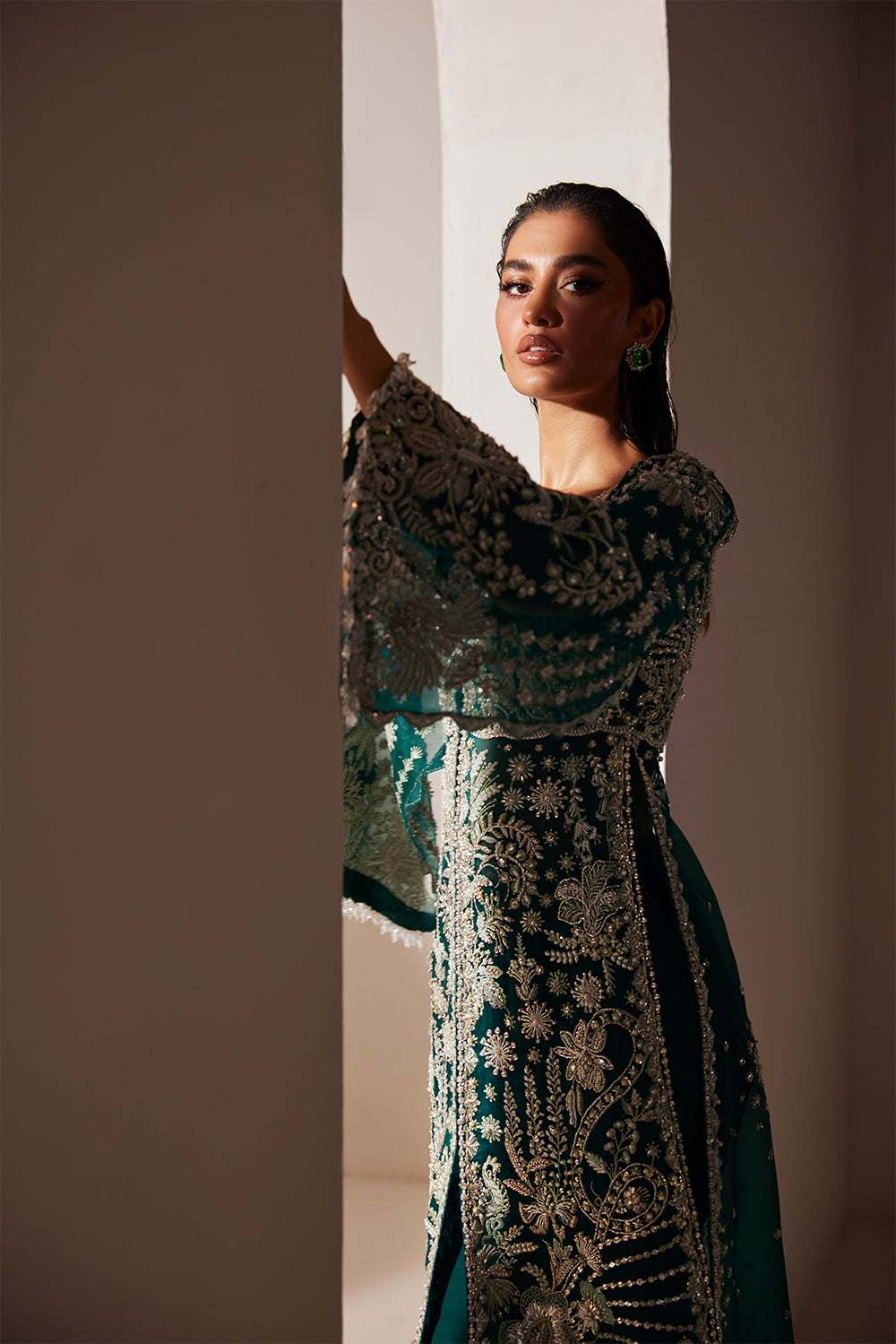 Emerald Hand-Embellished Organza Gown | Luxury Formal Ensemble