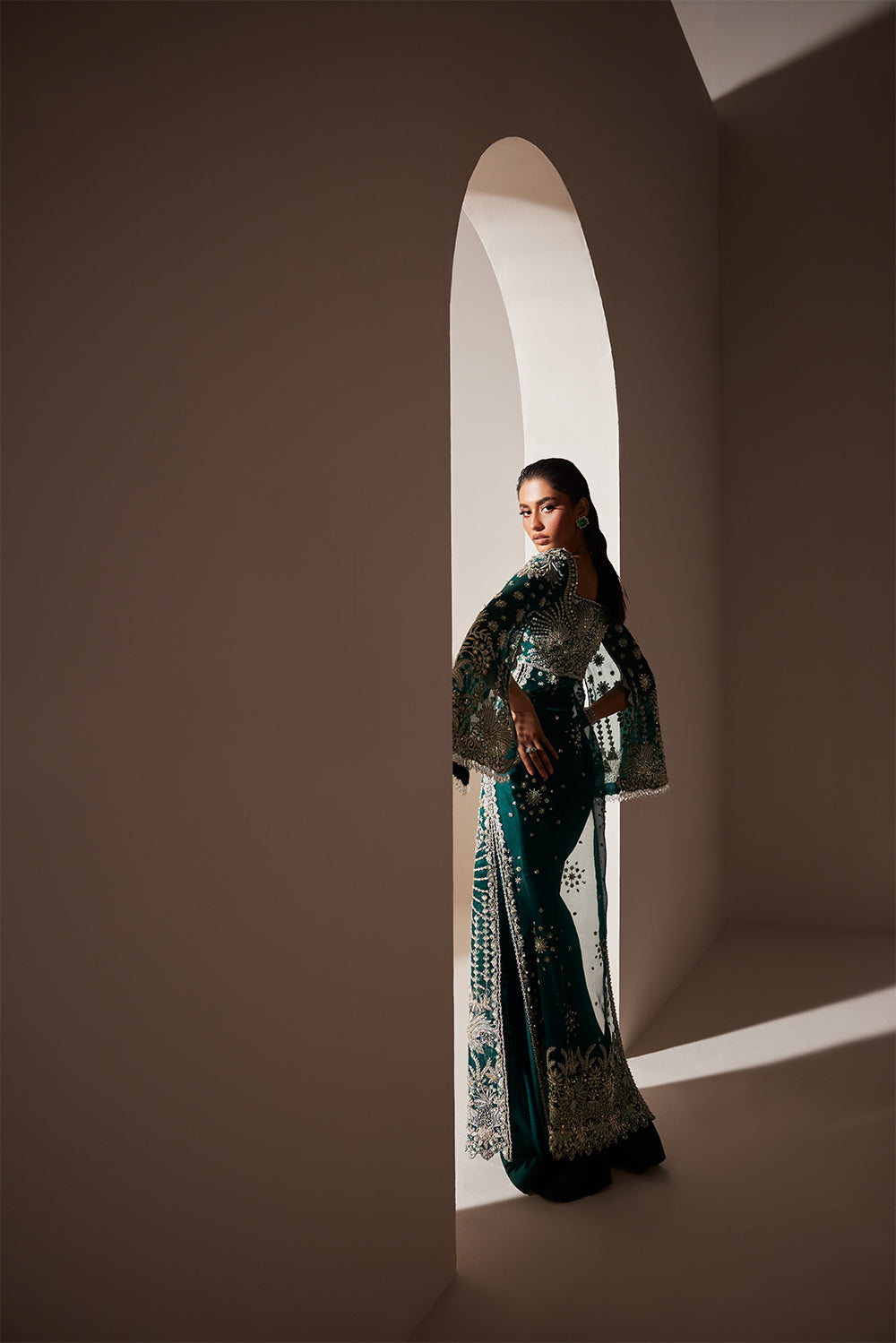 Emerald Hand-Embellished Organza Gown | Luxury Formal Ensemble