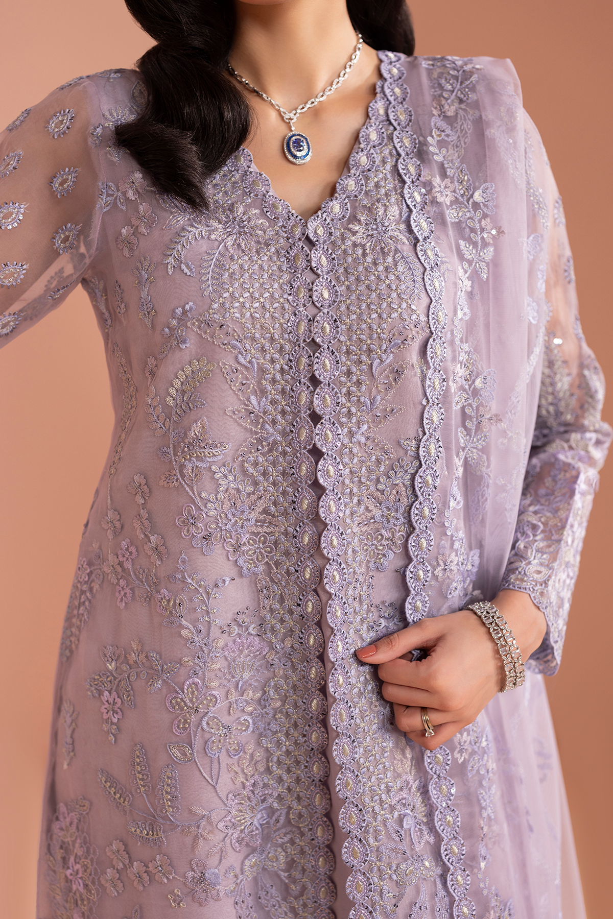 Lavender Chiffon Embroidered 3-Piece Suit | Ready To Wear