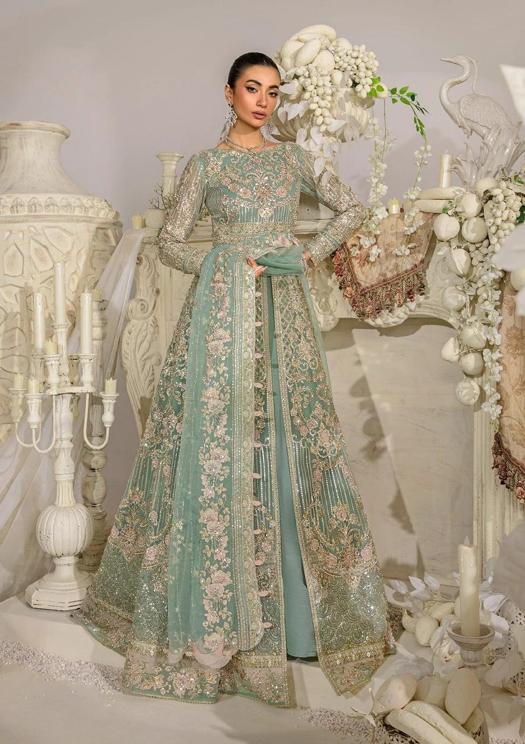 Mint Green Embroidered Net Maxi Suit | Ready to Wear