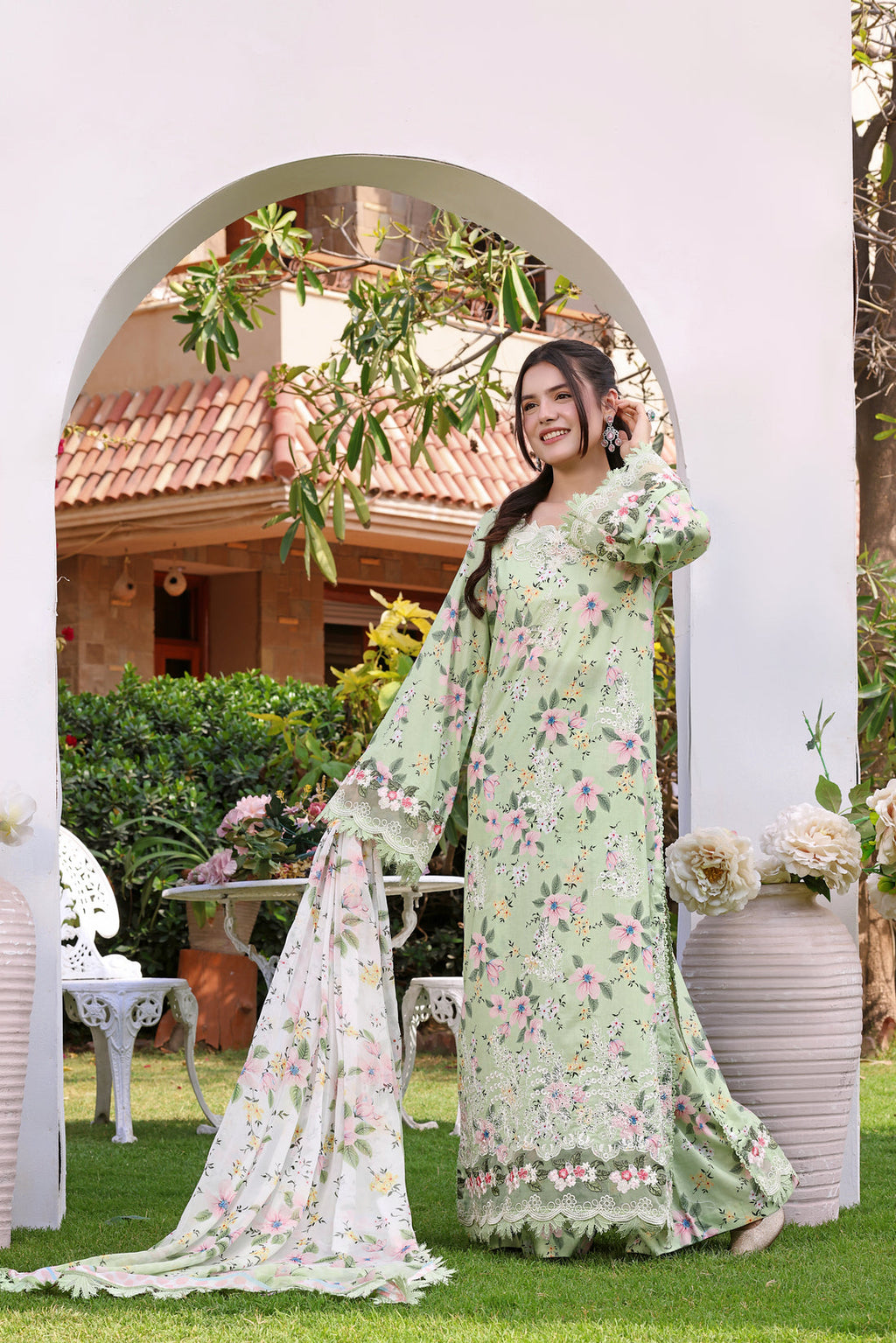 Mint Green Floral Embroidered Chikankari Lawn Suit | RTW