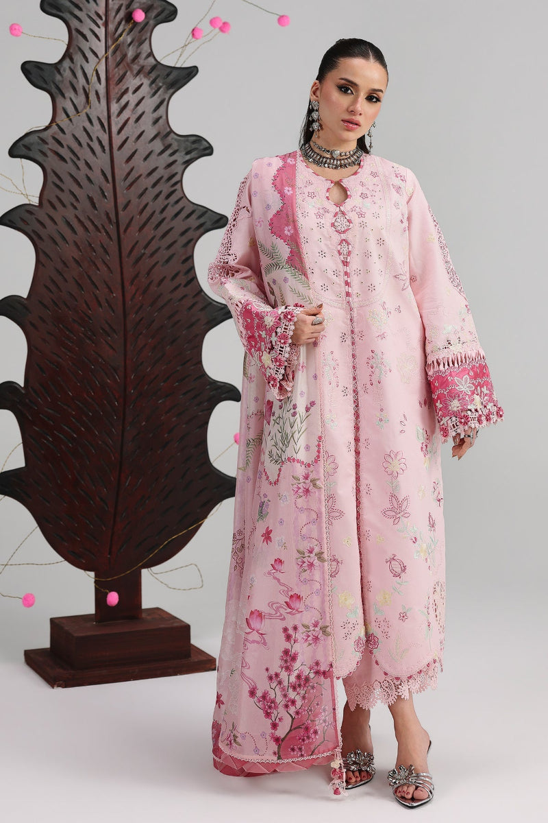 Heavy Embroidered Pink Lawn 3-Piece Suit | Schiffli &amp; Spangle Work with Digital Printed Silk Dupatta
