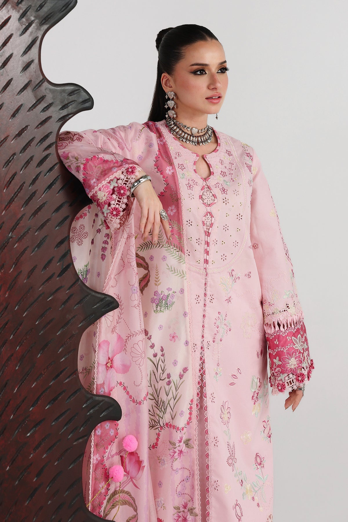Heavy Embroidered Pink Lawn 3-Piece Suit | Schiffli &amp; Spangle Work with Digital Printed Silk Dupatta
