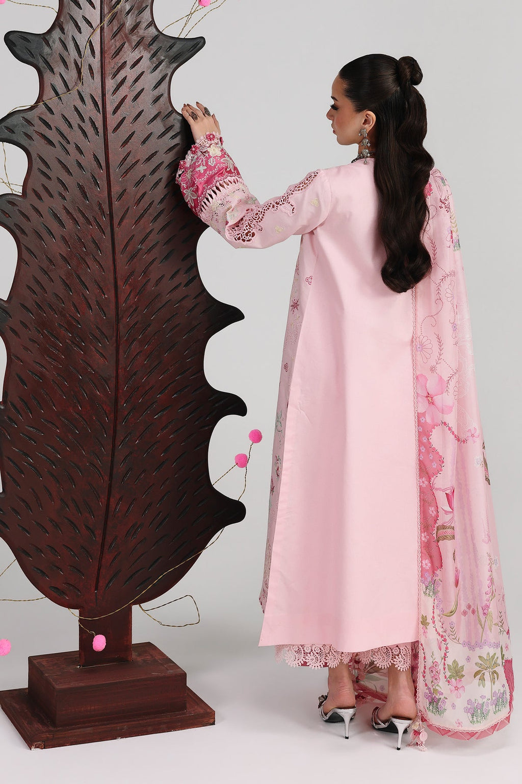 Heavy Embroidered Pink Lawn 3-Piece Suit | Schiffli &amp; Spangle Work with Digital Printed Silk Dupatta