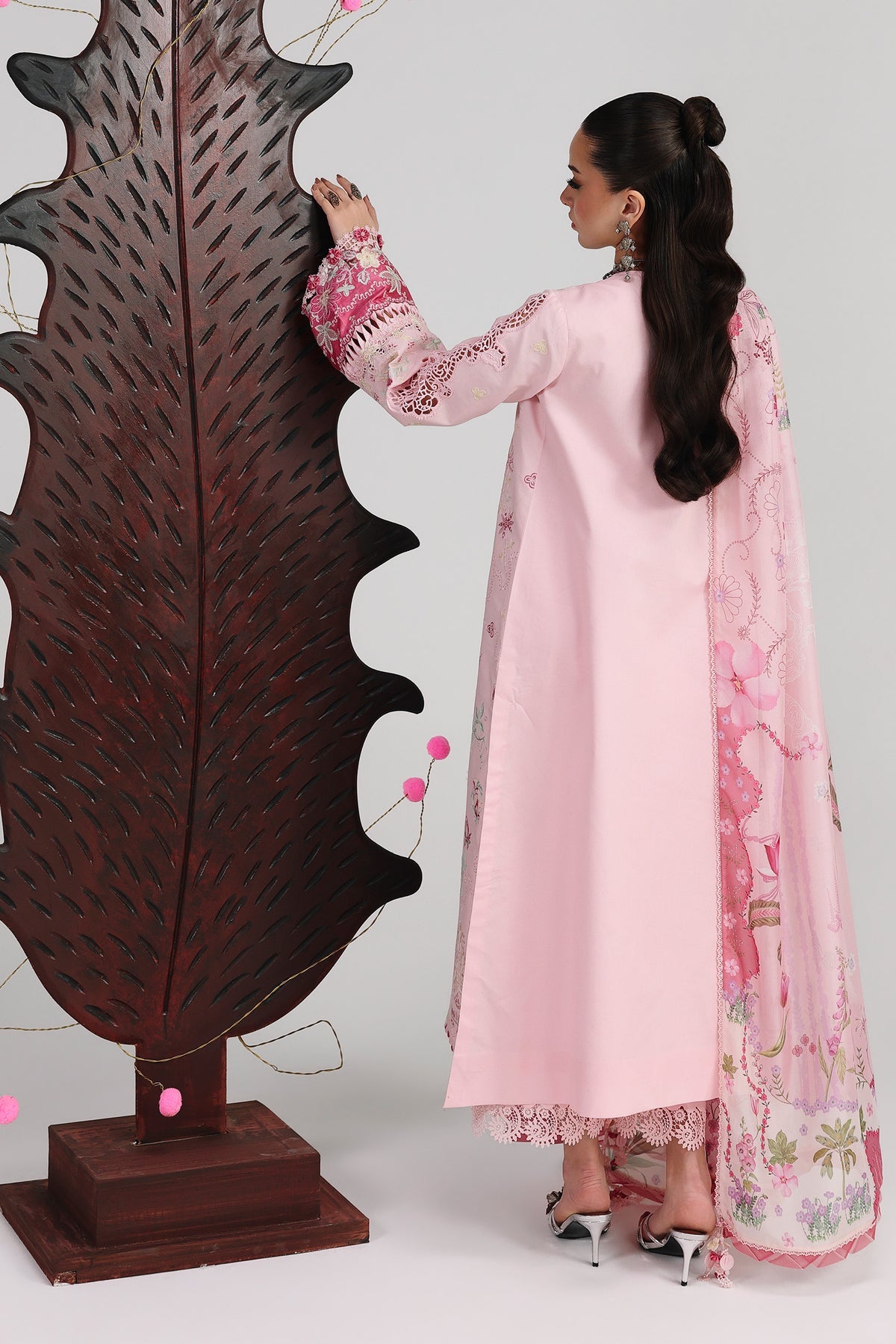 Heavy Embroidered Pink Lawn 3-Piece Suit | Schiffli &amp; Spangle Work with Digital Printed Silk Dupatta