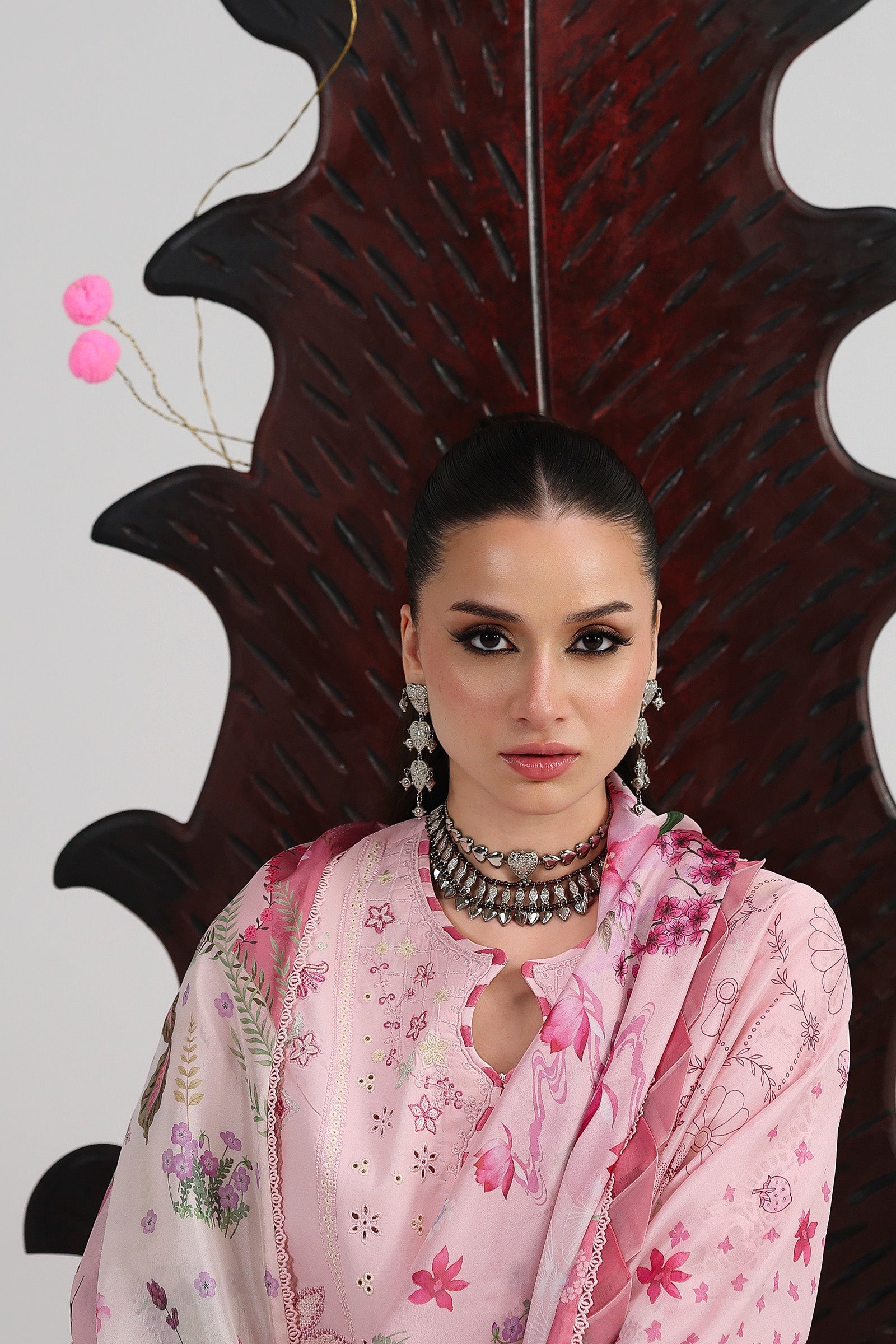 Heavy Embroidered Pink Lawn 3-Piece Suit | Schiffli &amp; Spangle Work with Digital Printed Silk Dupatta