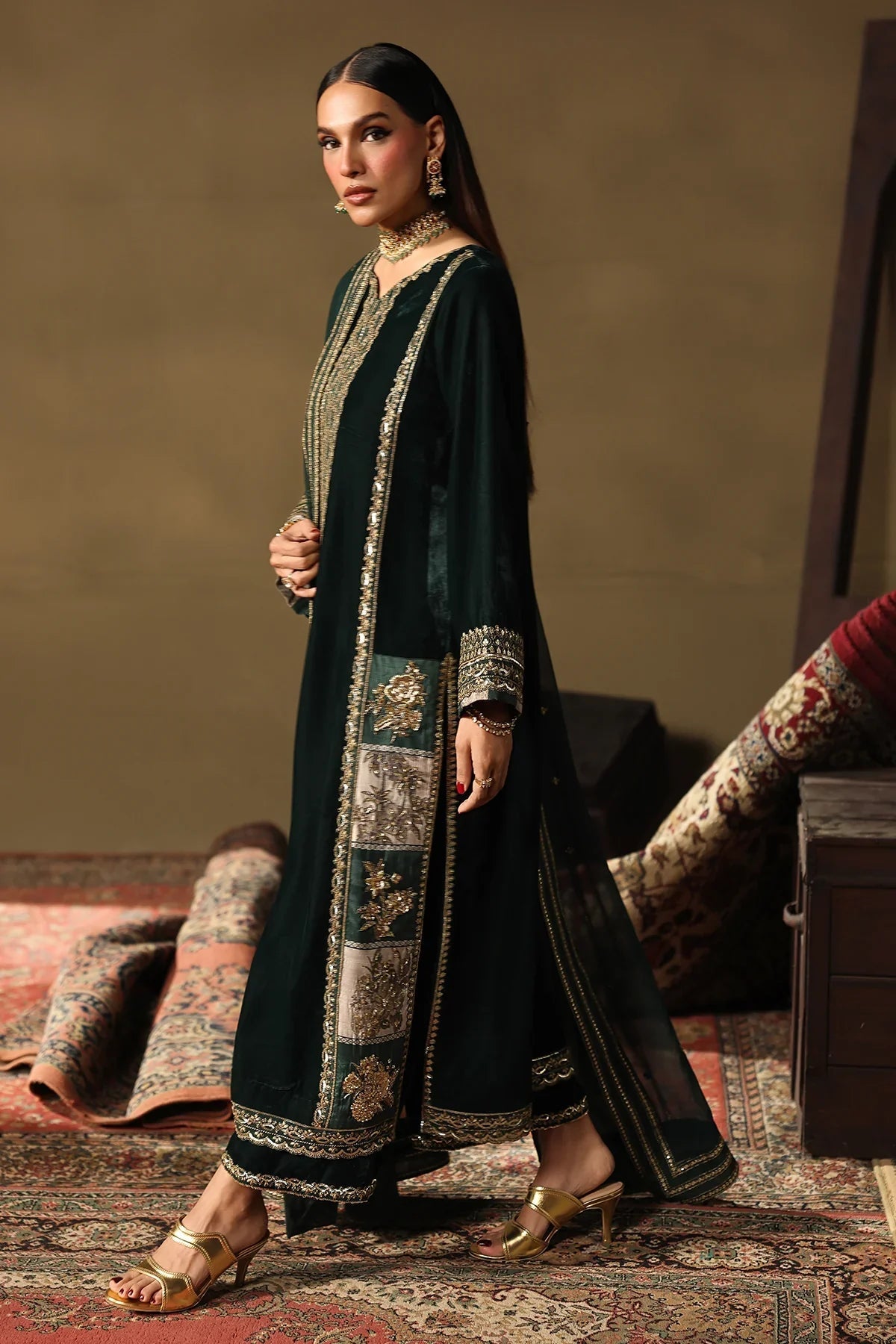 Dark Green Micro Velvet Embroidered Suit | Ready to Wear
