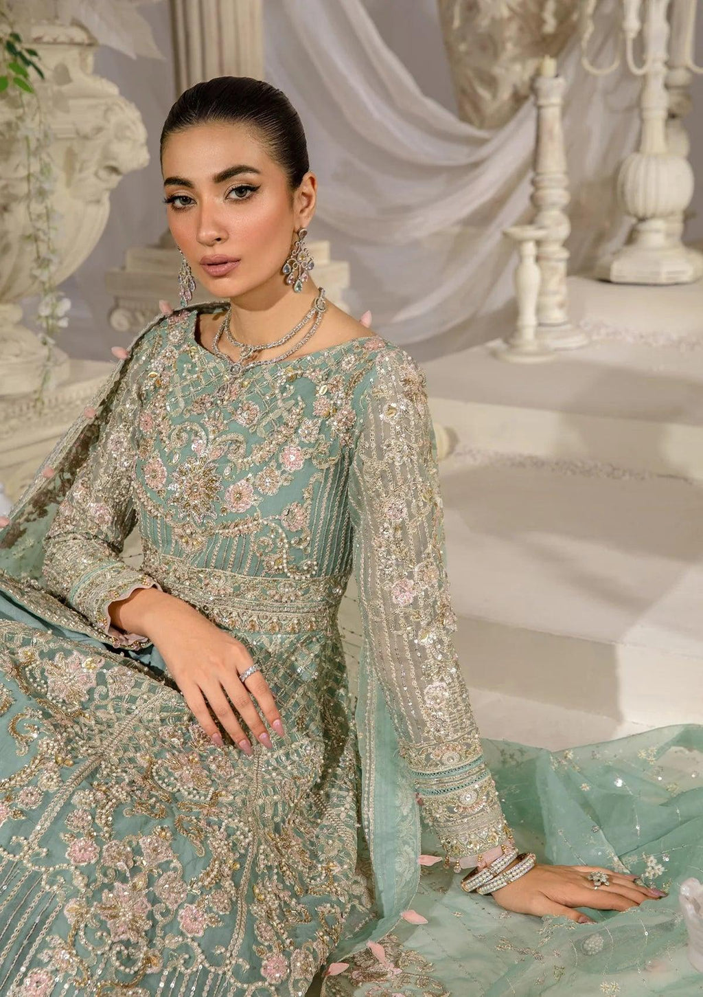 Mint Green Embroidered Net Maxi Suit | Ready to Wear