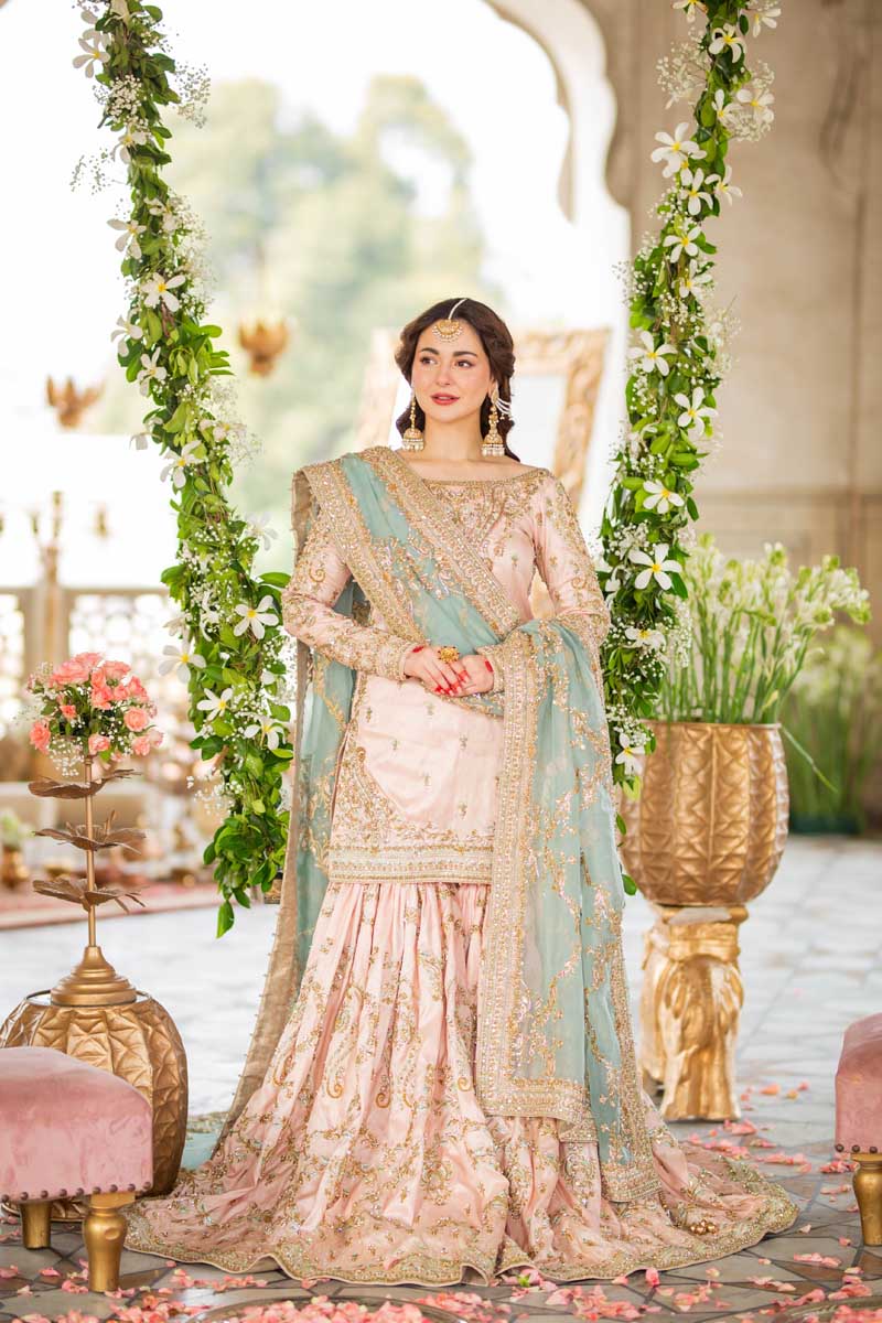 Pastel Peach Heavy Embroidered Net Gharara Suit | Ready to Wear
