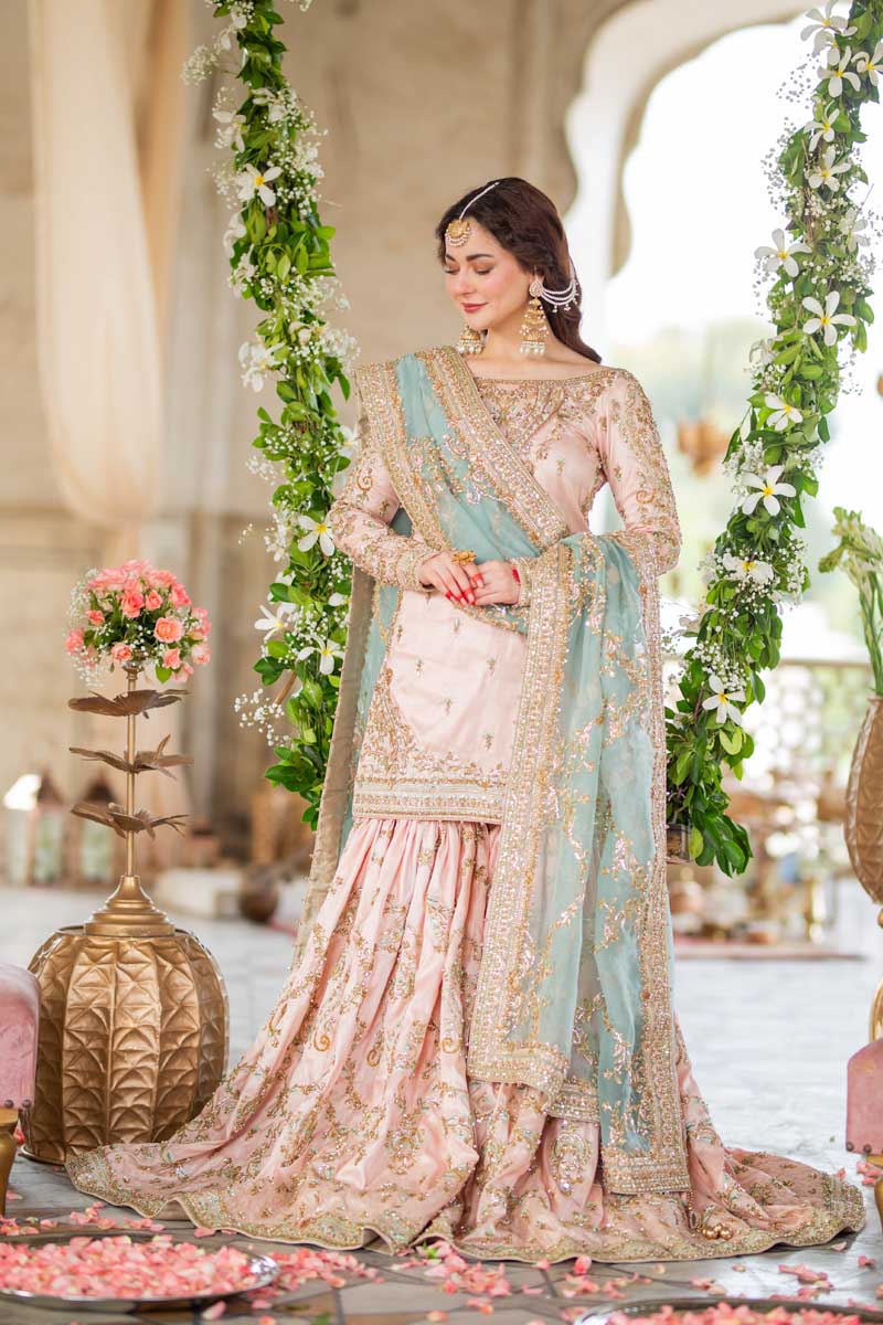 Pastel Peach Heavy Embroidered Net Gharara Suit | Ready to Wear