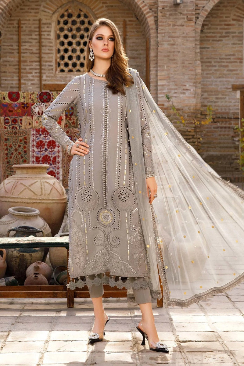 Heavy Embroidered Grey Lawn 3-Piece Suit | Mirror &amp; Foil Work with Net Dupatta
