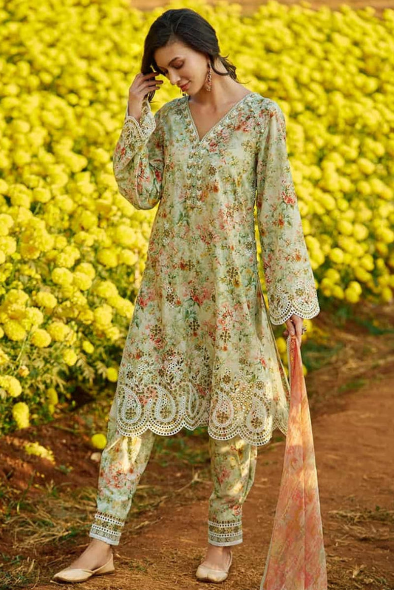 Pastel Mint Floral Schiffli Embroidered Lawn Suit with Silk Dupatta |RTW