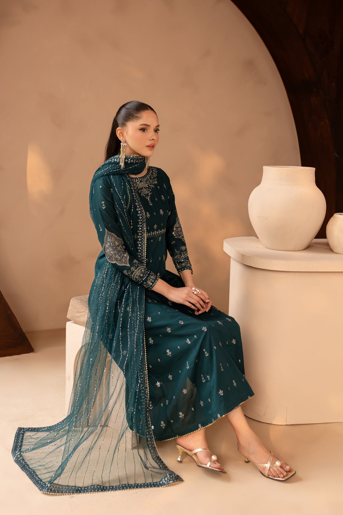 Emerald Green Embroidered Lawn Cotton Frock Suit | RTW