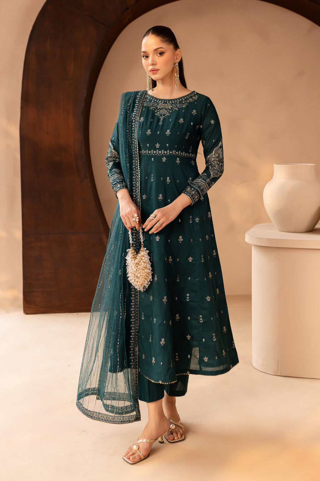 Emerald Green Embroidered Lawn Cotton Frock Suit | RTW