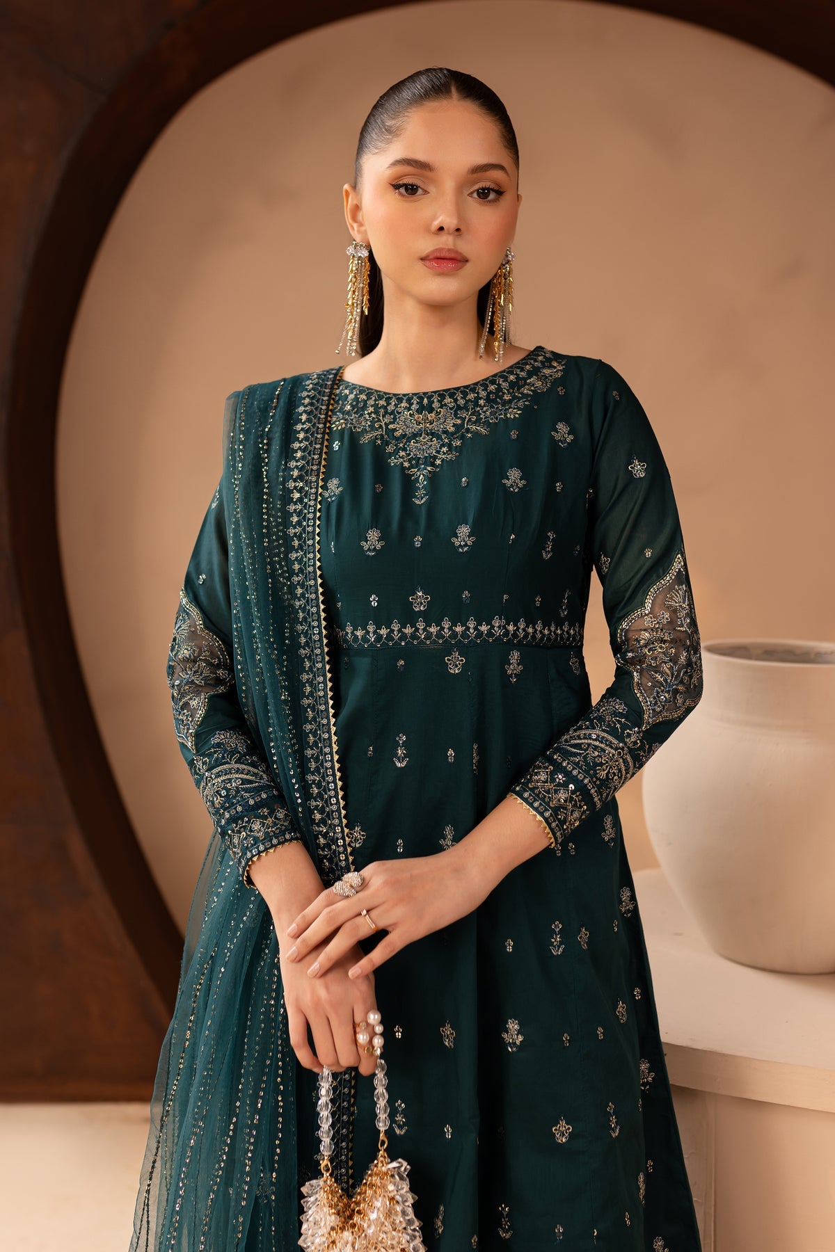 Emerald Green Embroidered Lawn Cotton Frock Suit | RTW