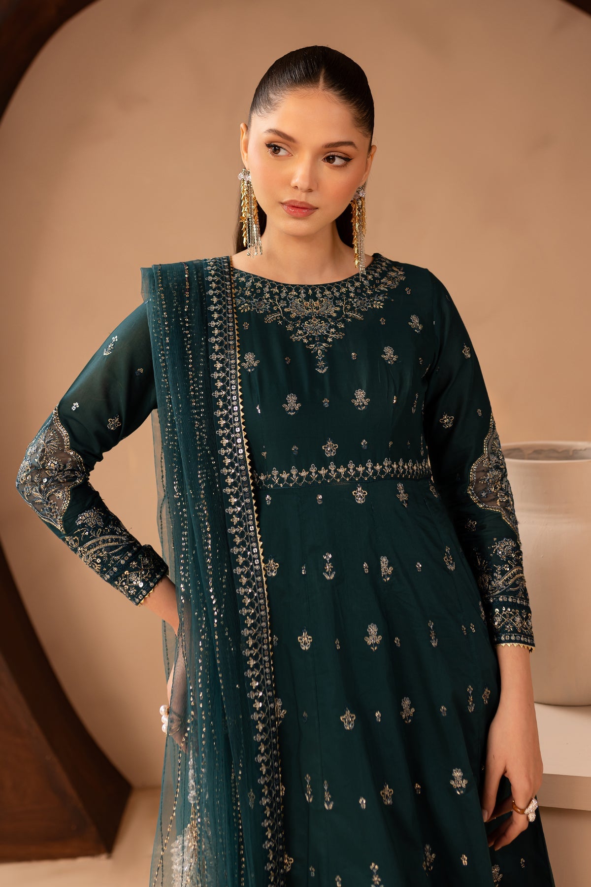 Emerald Green Embroidered Lawn Cotton Frock Suit | RTW