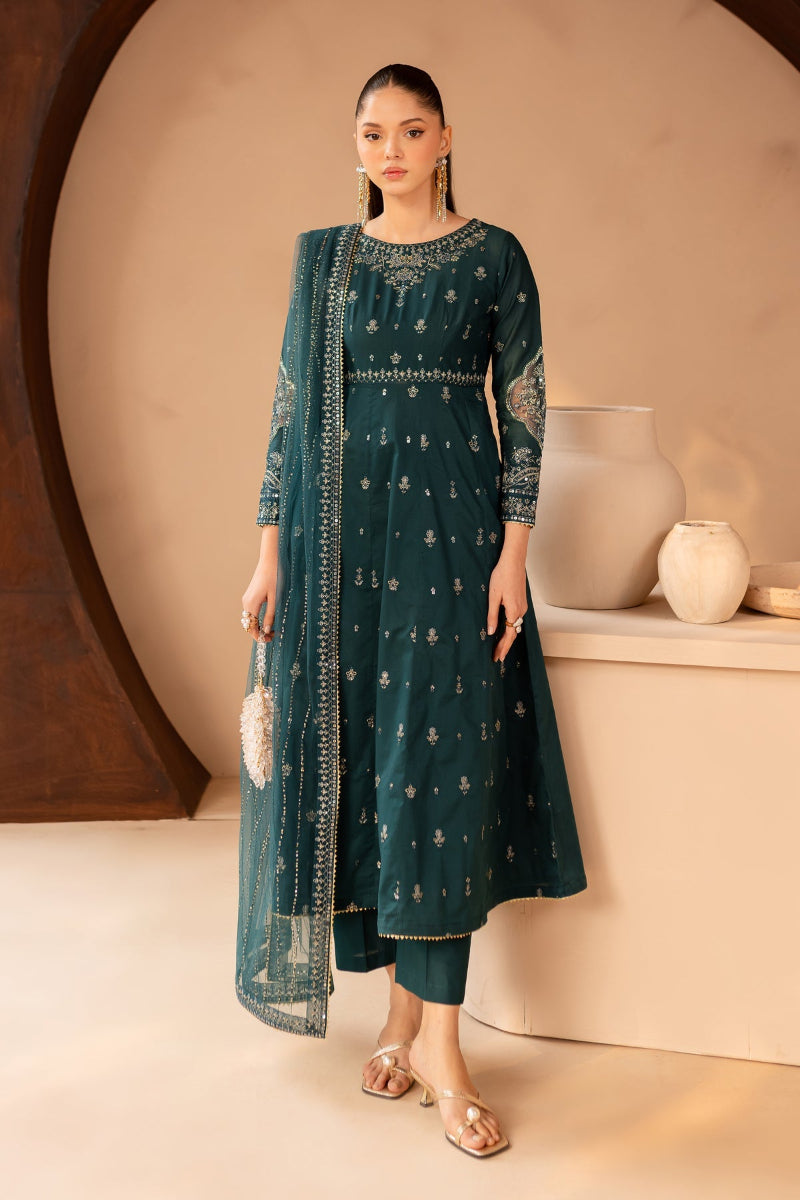 Emerald Green Embroidered Lawn Cotton Frock Suit | RTW