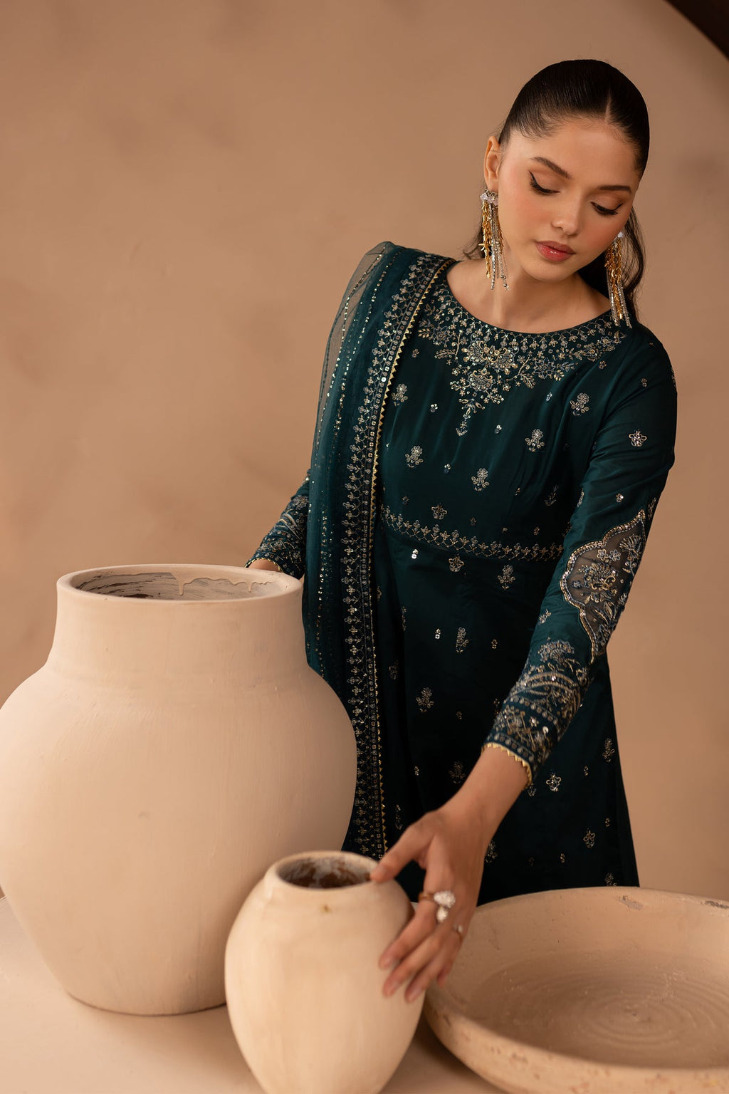 Emerald Green Embroidered Lawn Cotton Frock Suit | RTW