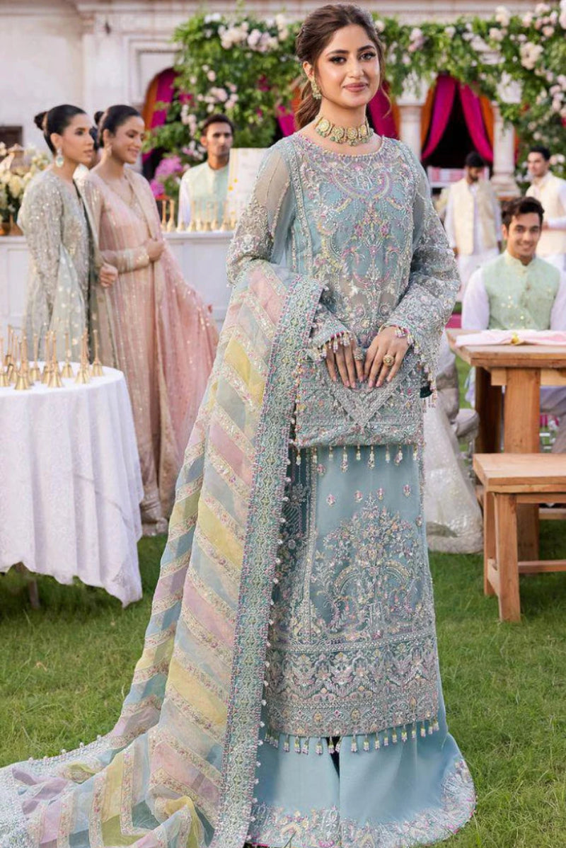 Powder Blue- 3PC Flared Suit with Multi-Tone Dupatta | Ready To Wear
