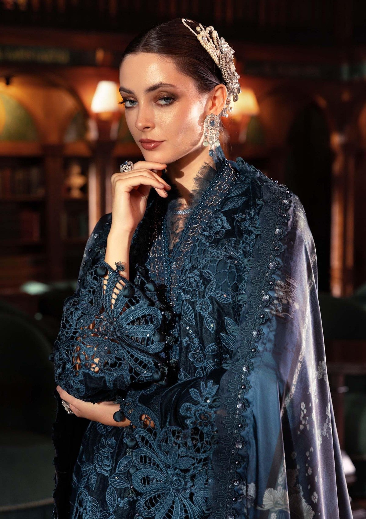 Teal Blue Velvet Long Shirt Embroidered Festive Suit |RTW