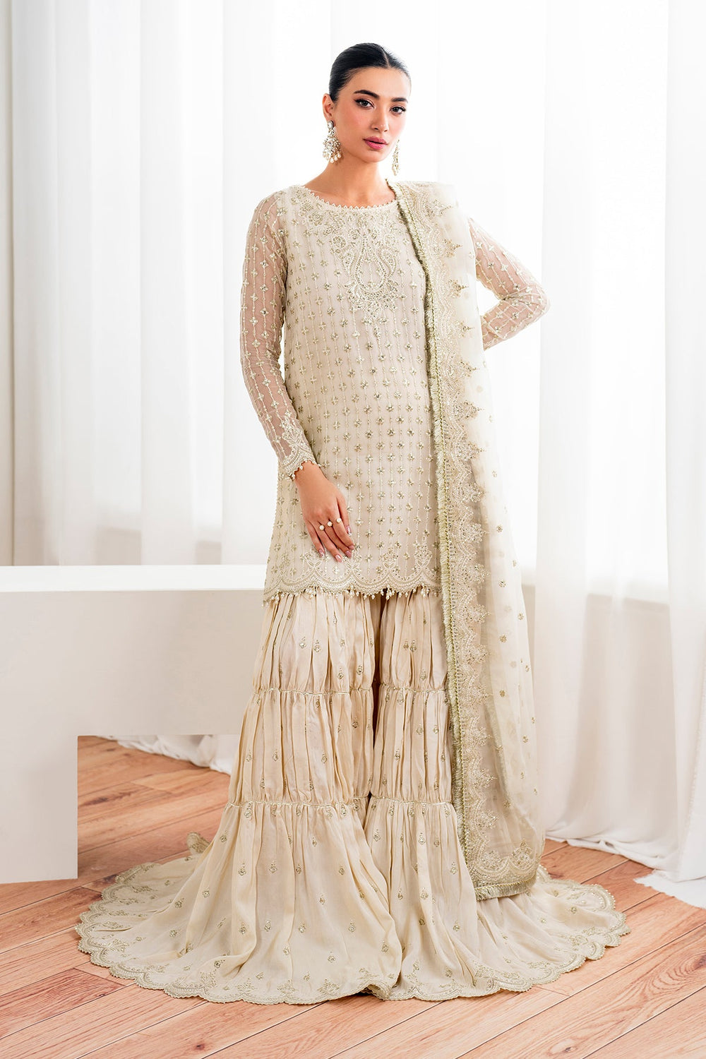 Ivory Cream Embroidered Chiffon Gharara Suit |Ready to Wear