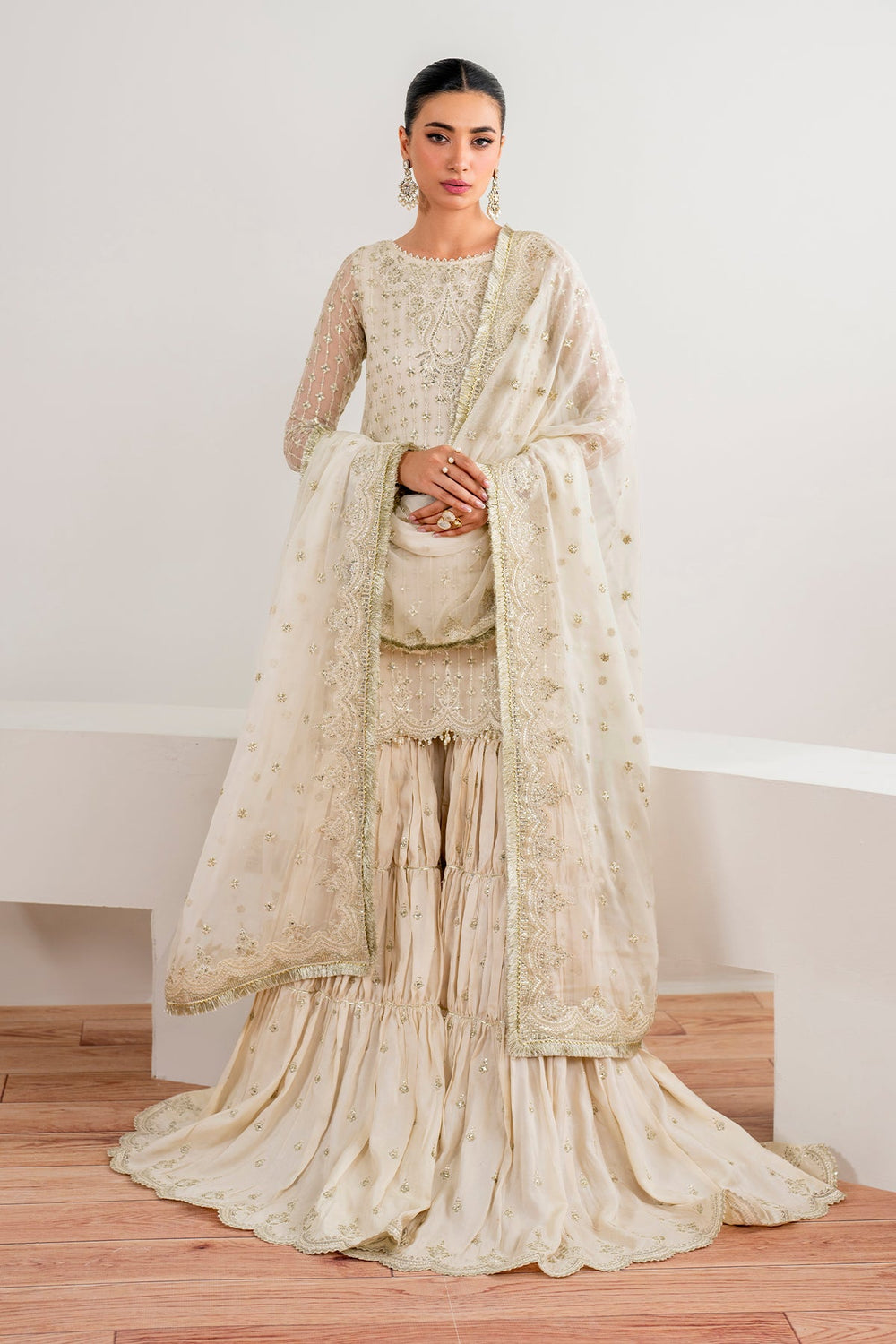 Ivory Cream Embroidered Chiffon Gharara Suit |Ready to Wear