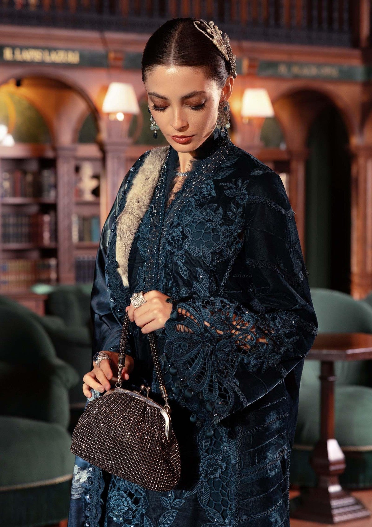 Teal Blue Velvet Long Shirt Embroidered Festive Suit |RTW