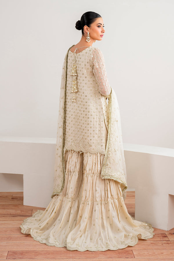 Ivory Cream Embroidered Chiffon Gharara Suit |Ready to Wear