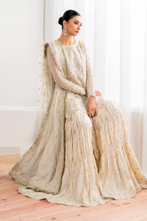 Ivory Cream Embroidered Chiffon Gharara Suit |Ready to Wear