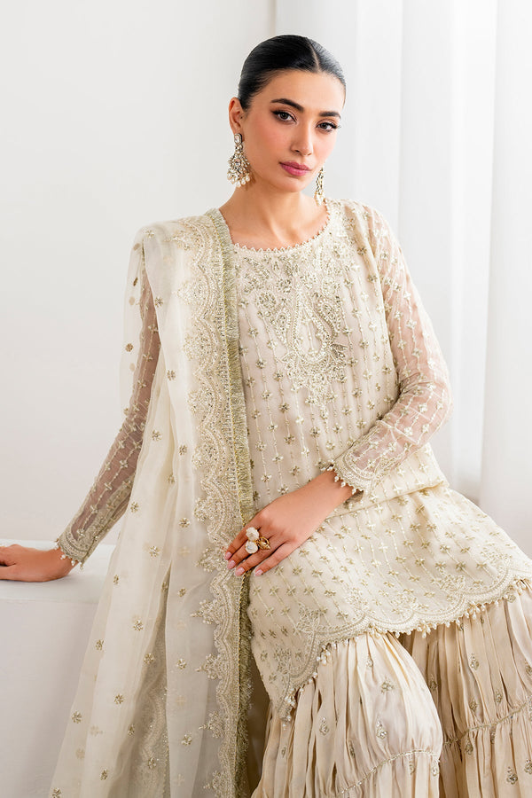Ivory Cream Embroidered Chiffon Gharara Suit |Ready to Wear