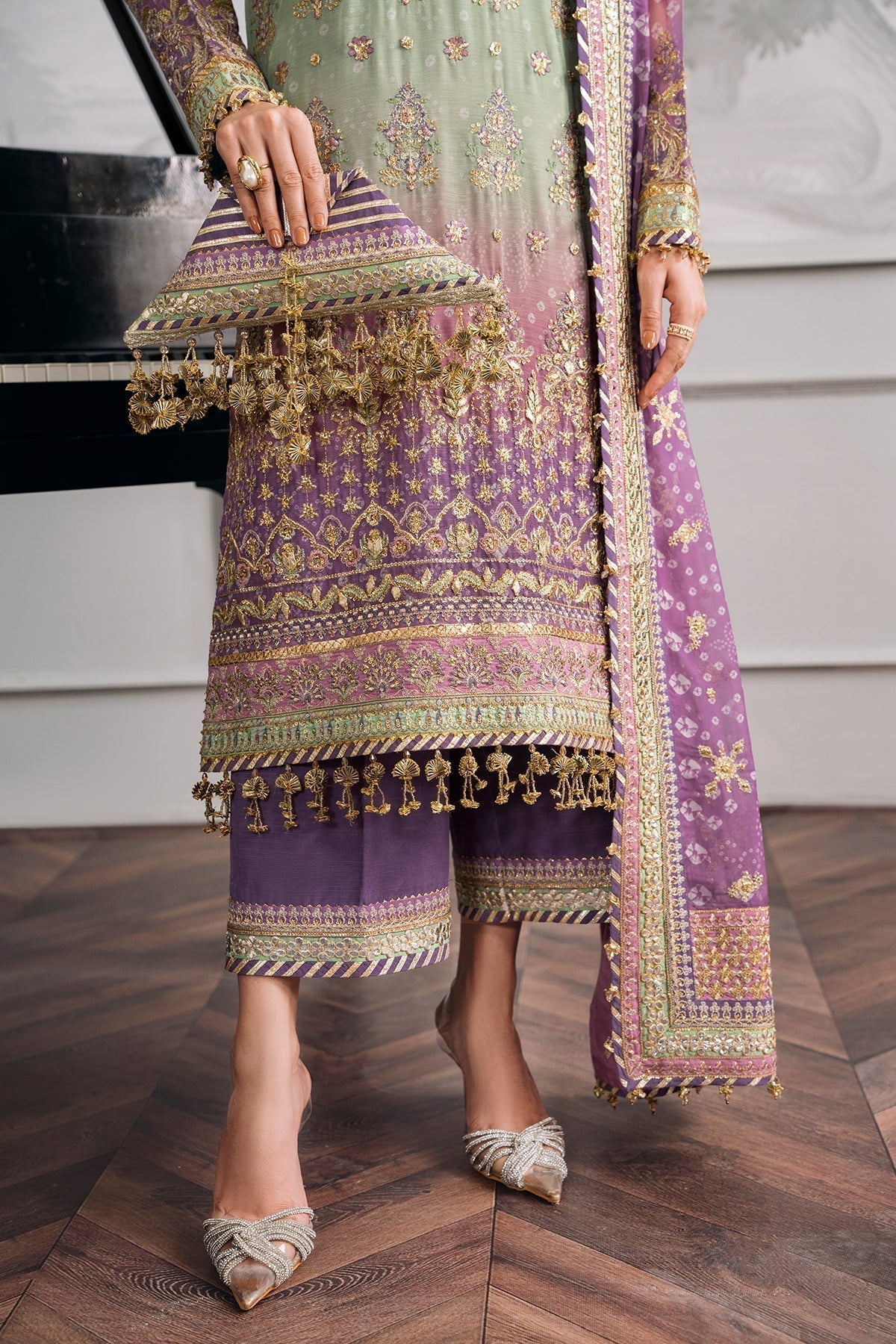 Back on Demand! Baroque stitched Chiffon Suit with Silk Trouser