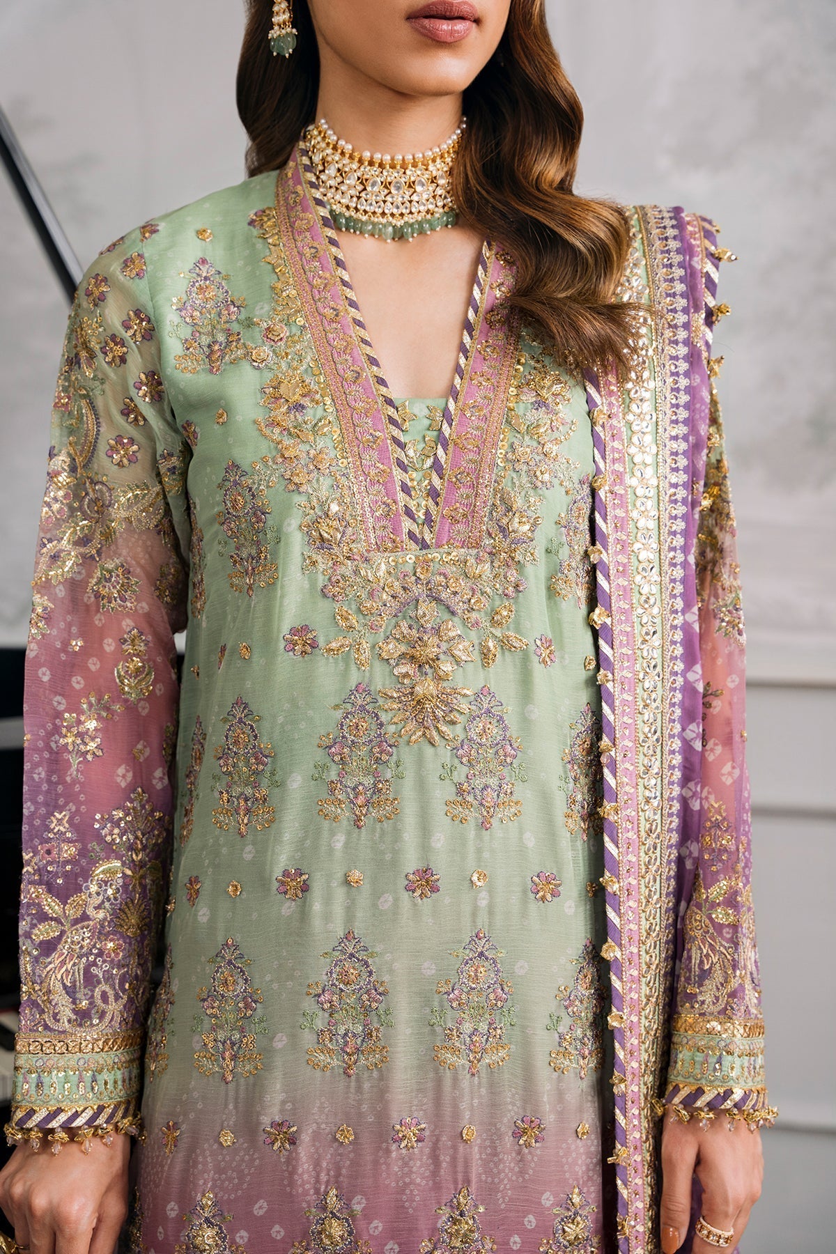 Back on Demand! Baroque stitched Chiffon Suit with Silk Trouser