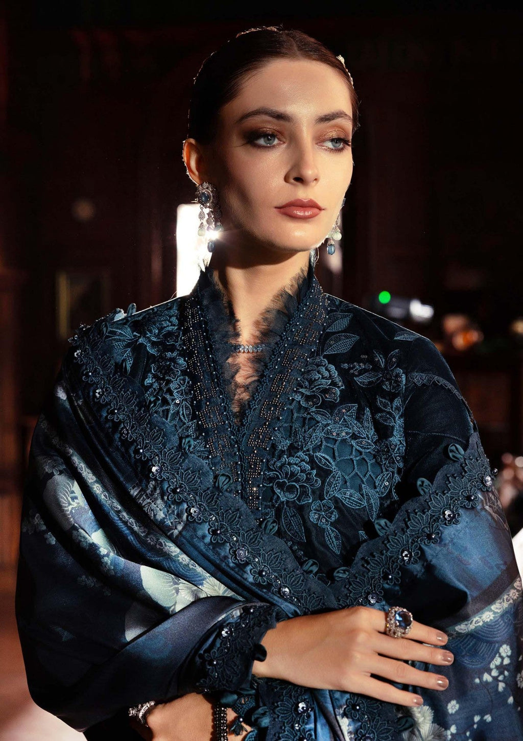 Teal Blue Velvet Long Shirt Embroidered Festive Suit |RTW